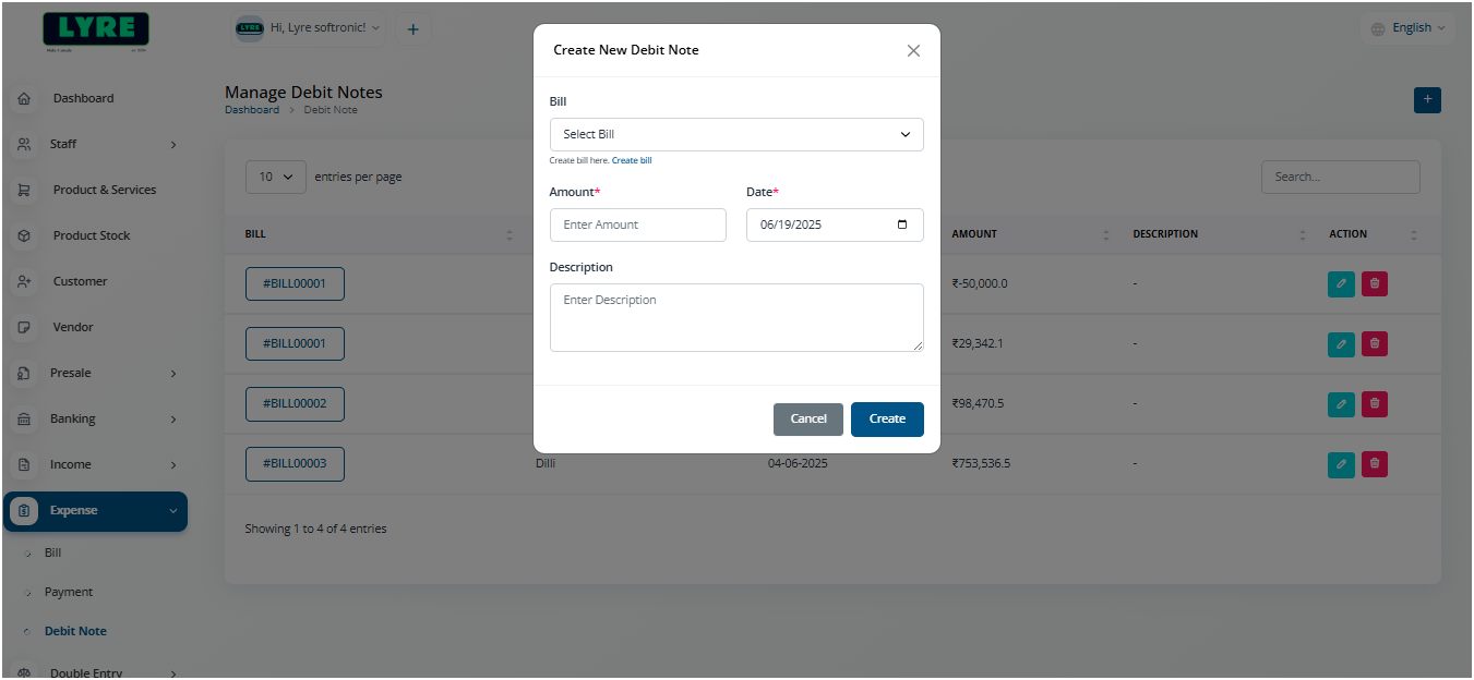 Bills Debit Note create