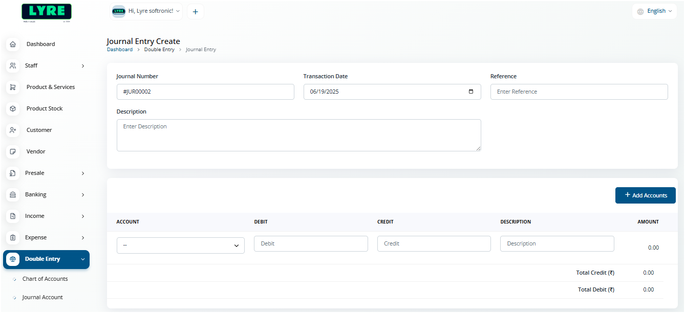 Journal Account create view