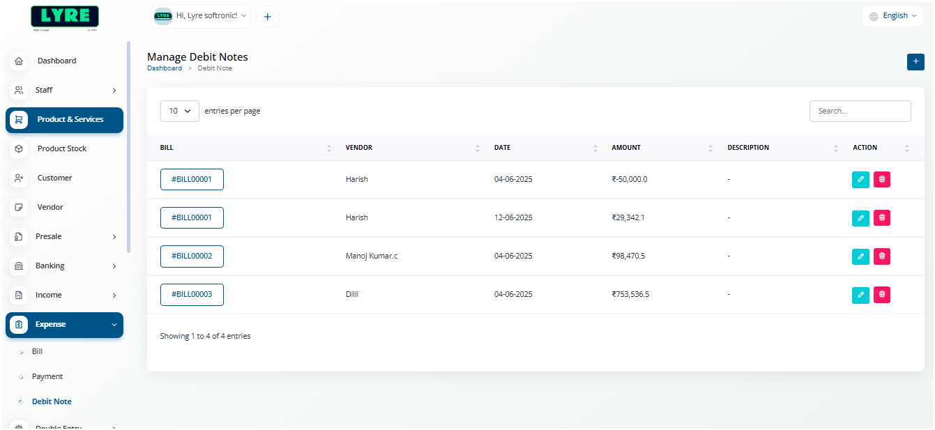 Bills Debit Note Menu