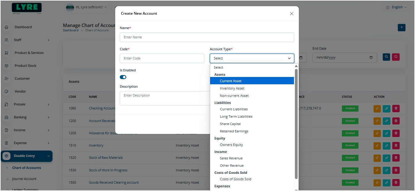 Chart of Account create type