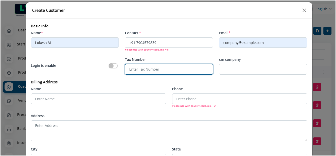 Customer create page